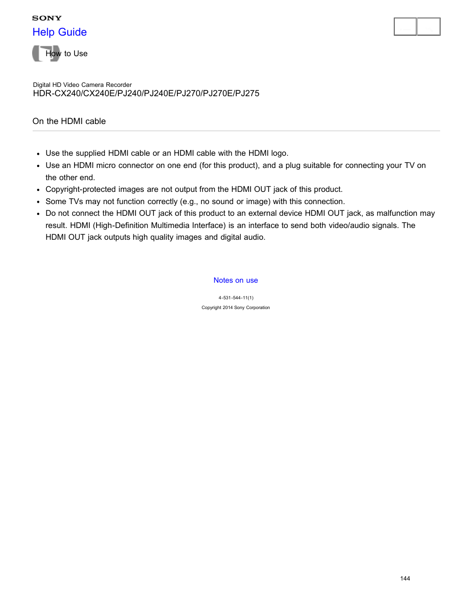 On the hdmi cable, Read the precautions regarding the hdmi cable, Help guide | Sony HDR-CX240 User Manual | Page 154 / 351