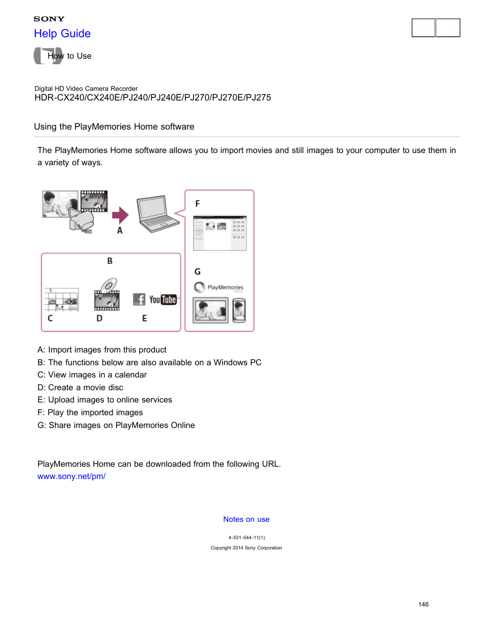 Using the playmemories home software, Help guide | Sony HDR-CX240 User Manual | Page 156 / 351