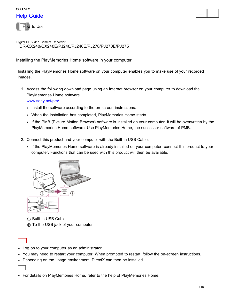 Installing the playmemories home software in your, Computer, Help guide | Sony HDR-CX240 User Manual | Page 158 / 351
