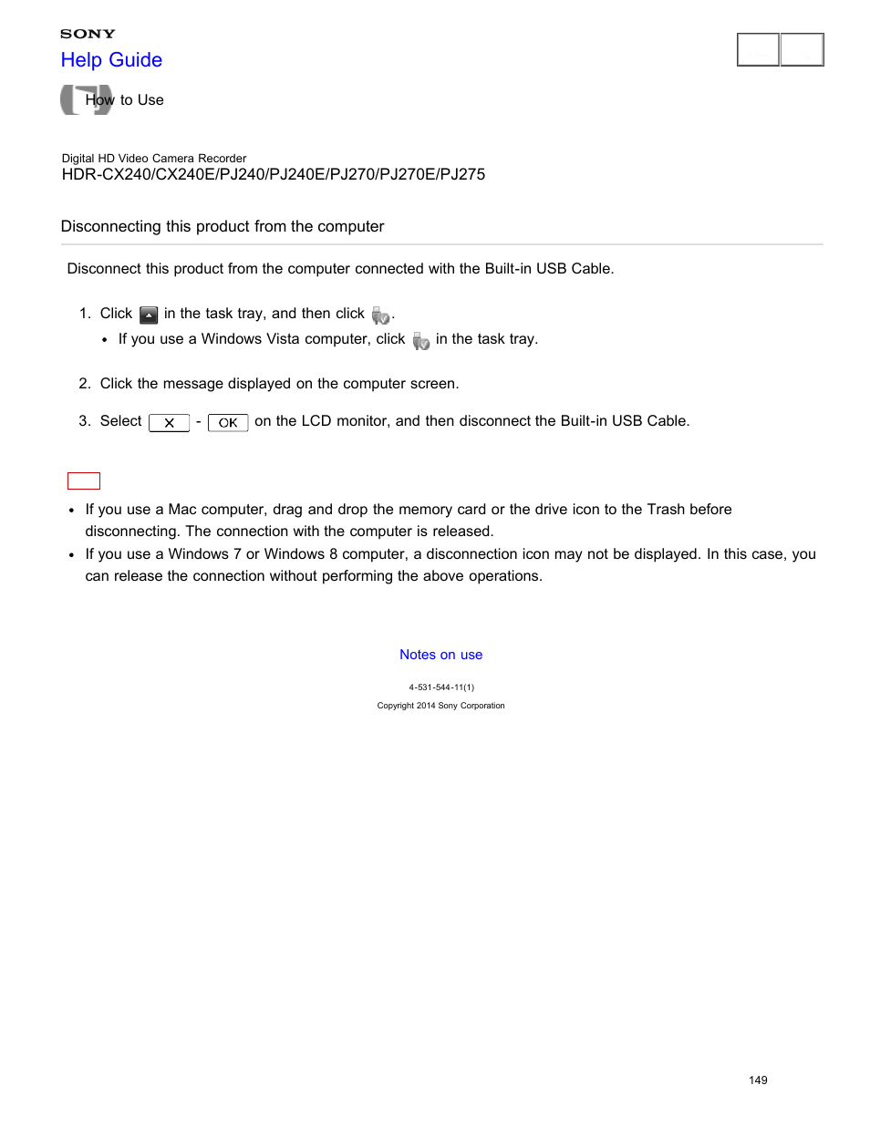 Disconnecting this product from the computer, Help guide | Sony HDR-CX240 User Manual | Page 159 / 351