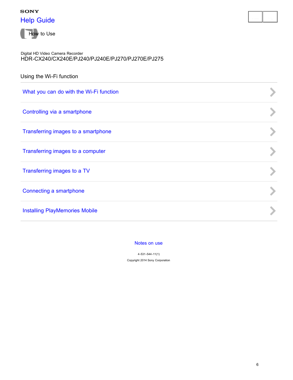 Using the wi-fi function, Help guide | Sony HDR-CX240 User Manual | Page 16 / 351
