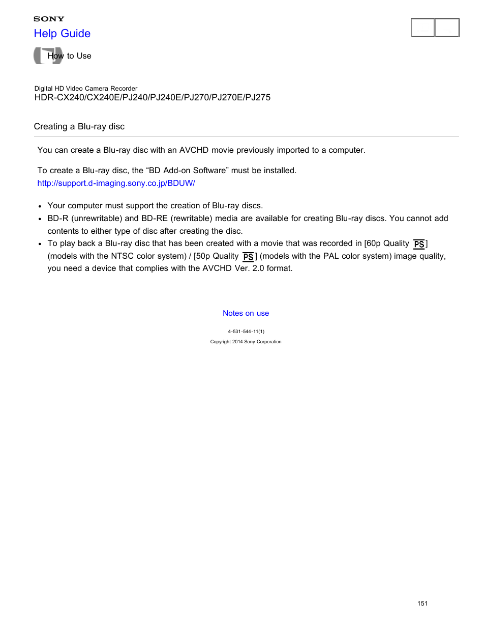 Creating a blu-ray disc, Help guide | Sony HDR-CX240 User Manual | Page 161 / 351