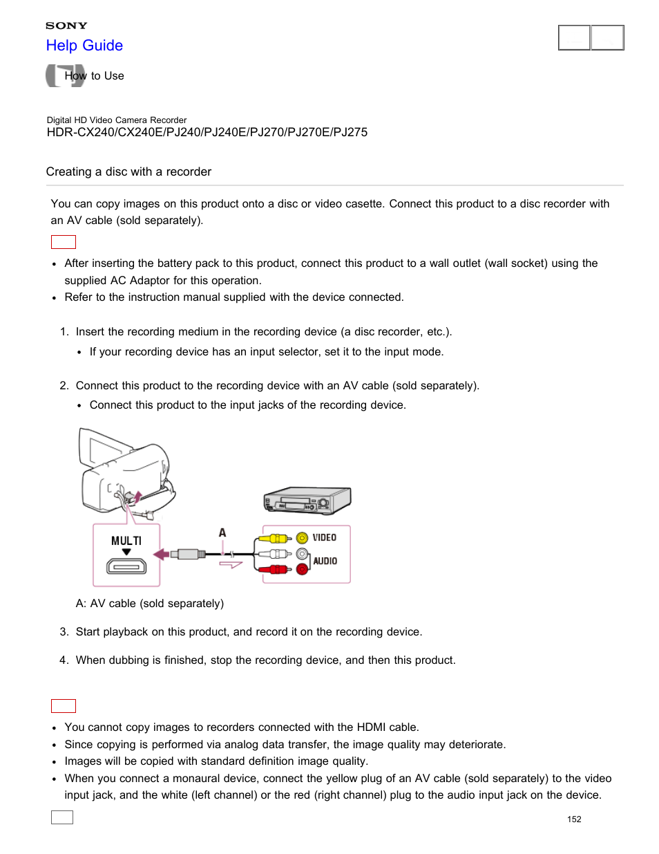 Creating a disc with a recorder, Help guide | Sony HDR-CX240 User Manual | Page 162 / 351