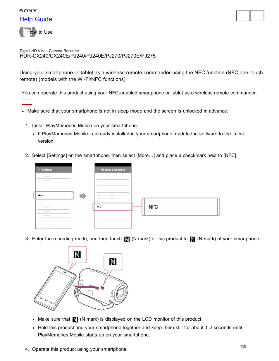 Commander using the nfc function, Help guide | Sony HDR-CX240 User Manual | Page 168 / 351
