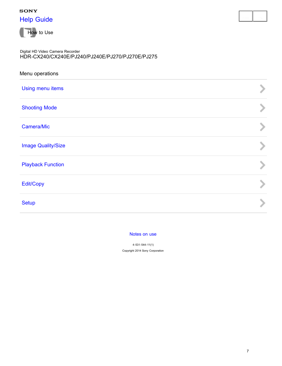 Menu operations, Help guide | Sony HDR-CX240 User Manual | Page 17 / 351