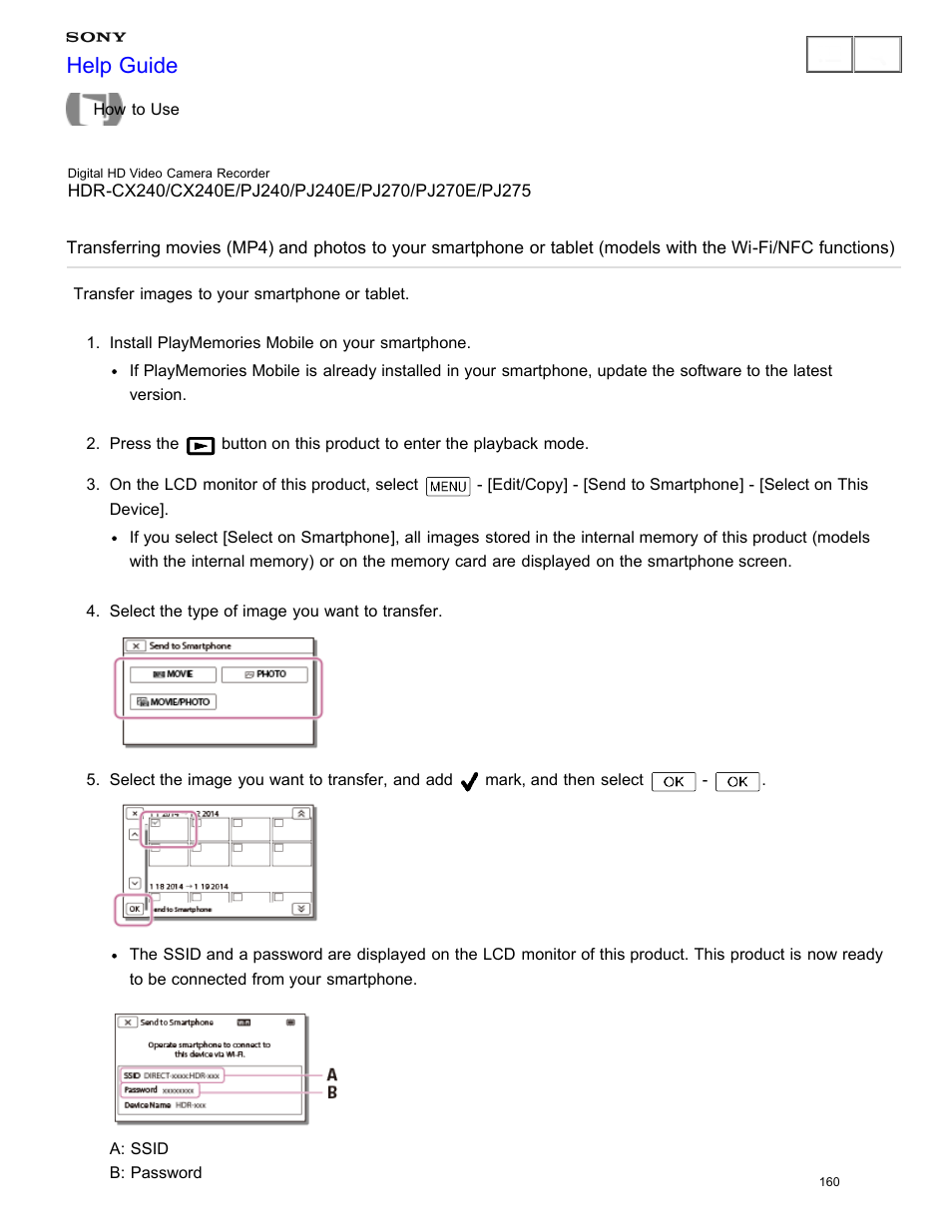 Or tablet, Transfer images to your smartphone or tablet, Help guide | Sony HDR-CX240 User Manual | Page 170 / 351