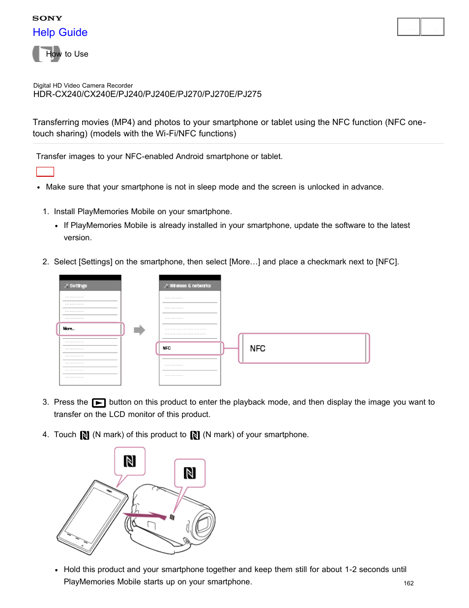 Or tablet using the nfc function, Help guide | Sony HDR-CX240 User Manual | Page 172 / 351