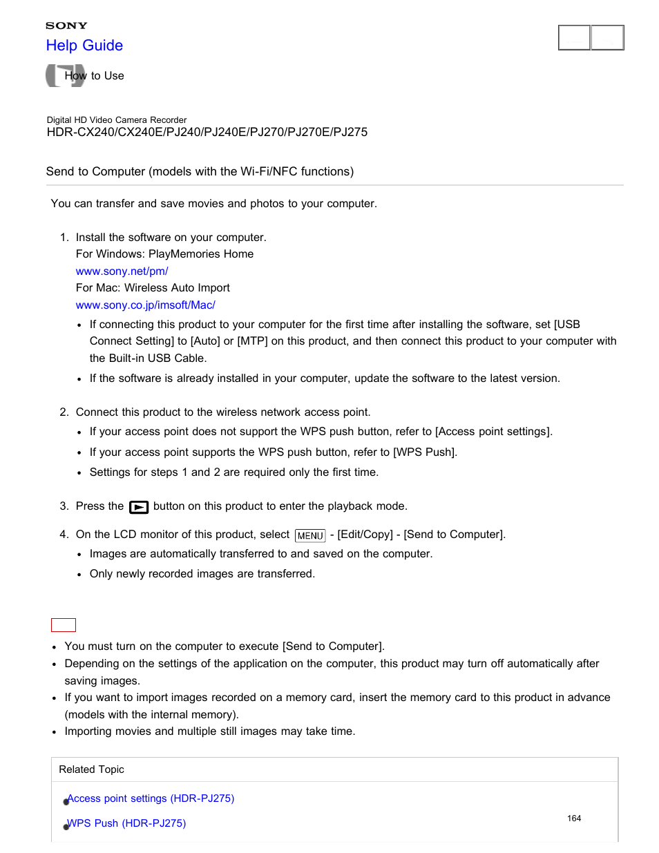 Send to computer, Help guide | Sony HDR-CX240 User Manual | Page 174 / 351
