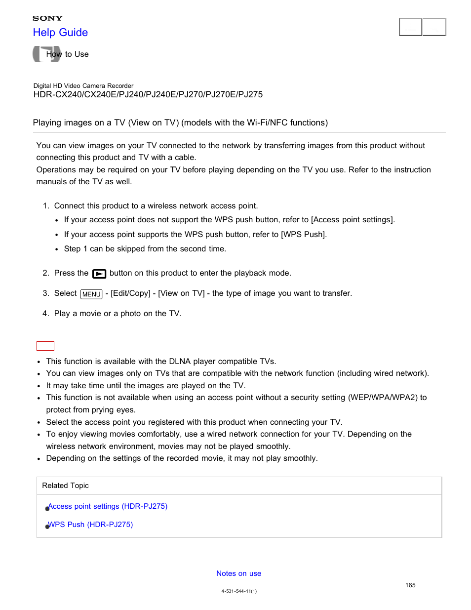 Playing images on a tv, Help guide | Sony HDR-CX240 User Manual | Page 175 / 351