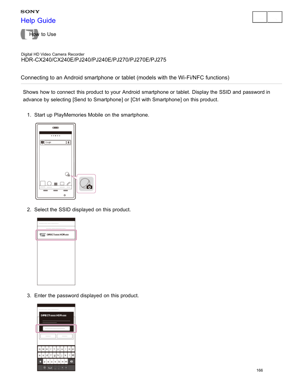 Connecting to an android smartphone or tablet, Help guide | Sony HDR-CX240 User Manual | Page 176 / 351