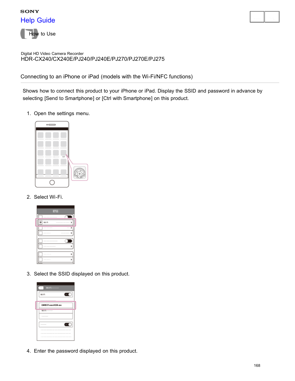 Connecting to an iphone or ipad, Help guide | Sony HDR-CX240 User Manual | Page 178 / 351