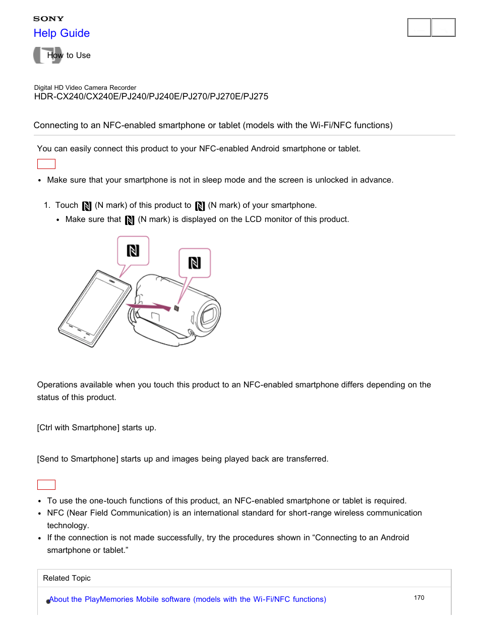 Connecting to an nfc-enabled smartphone or tablet, Help guide | Sony HDR-CX240 User Manual | Page 180 / 351