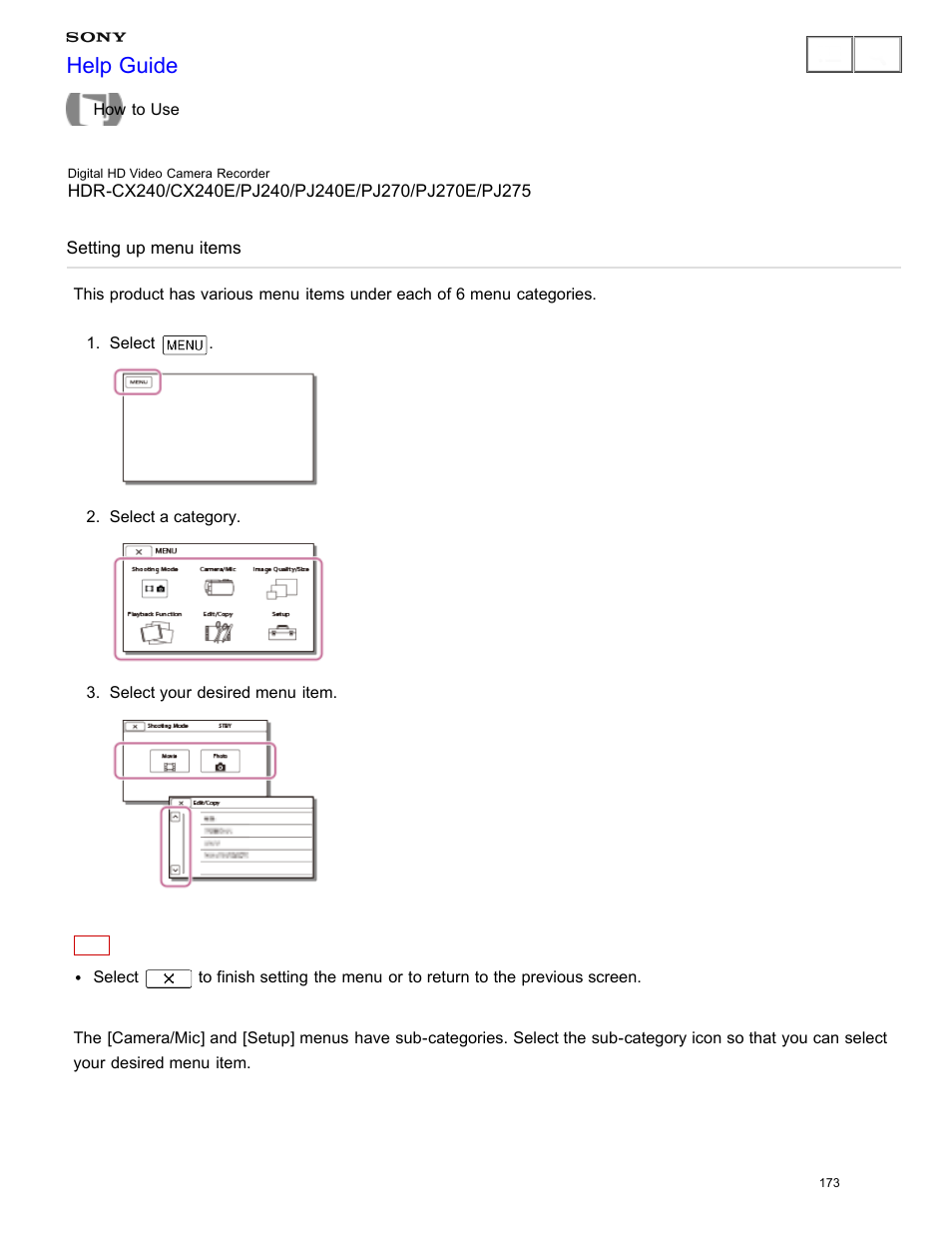 Setting up menu items, Shows how to set the menu items, Help guide | Sony HDR-CX240 User Manual | Page 183 / 351