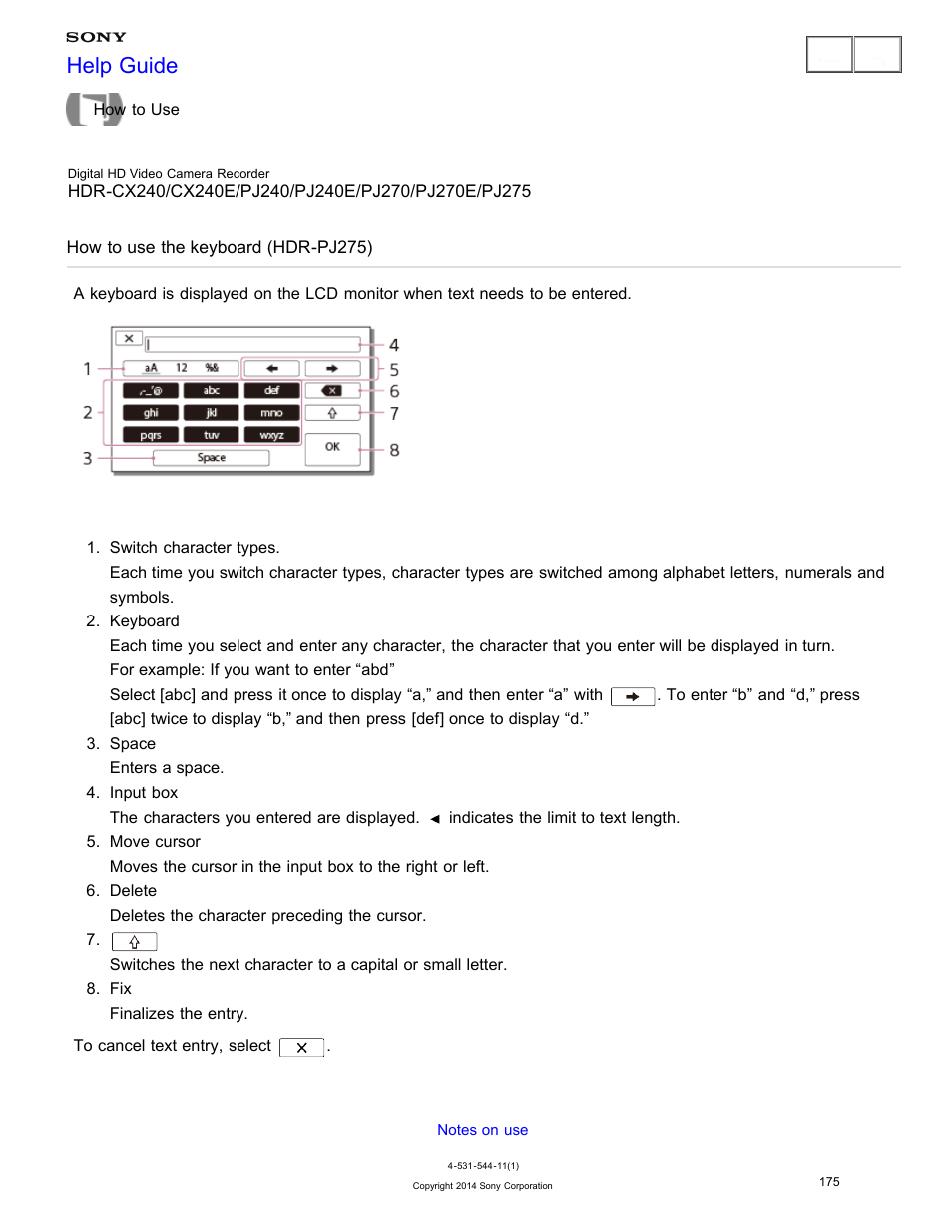 How to use the keyboard (hdr-pj275), Explains how to use the keyboard to be displayed, Help guide | Sony HDR-CX240 User Manual | Page 185 / 351