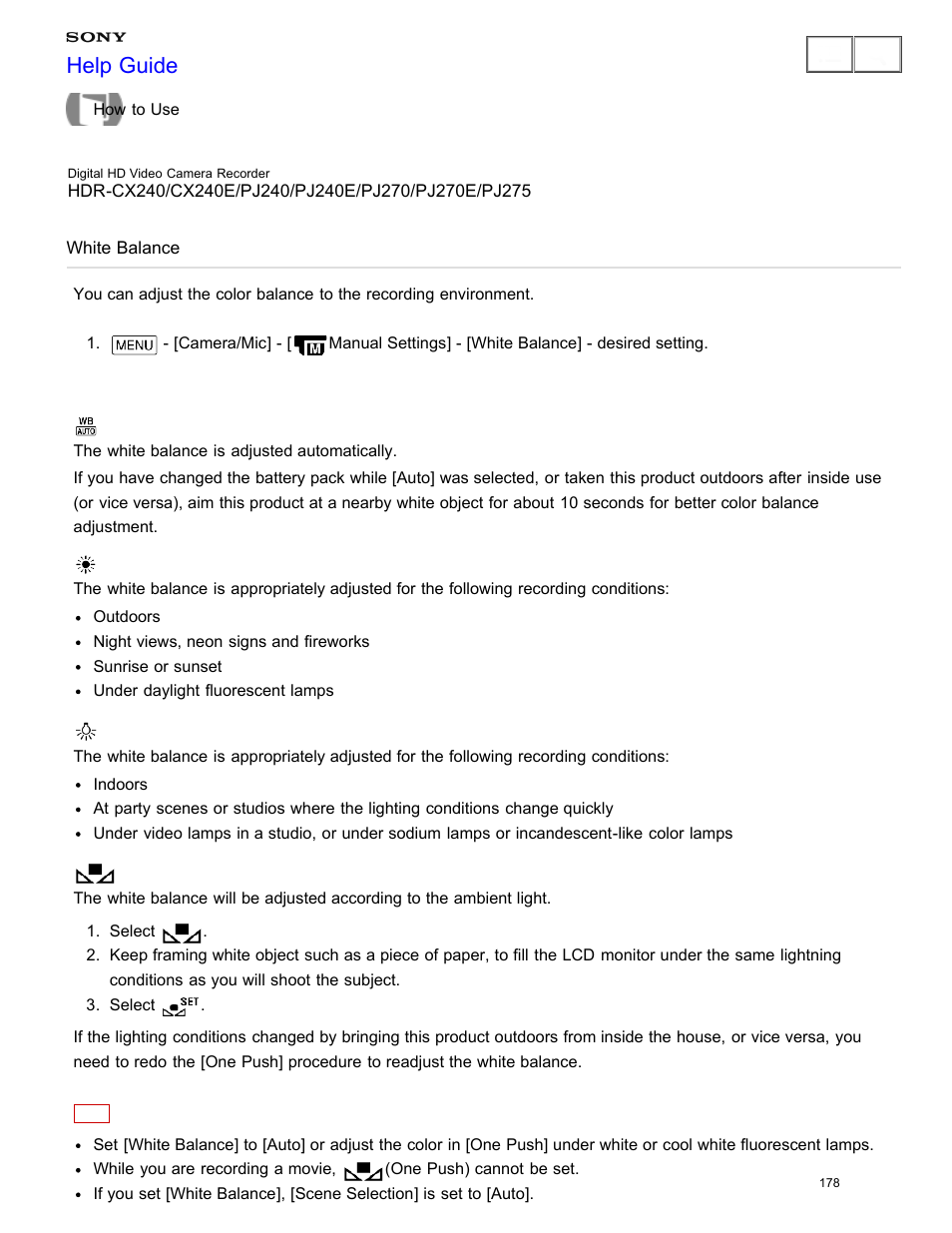 White balance, Help guide | Sony HDR-CX240 User Manual | Page 188 / 351