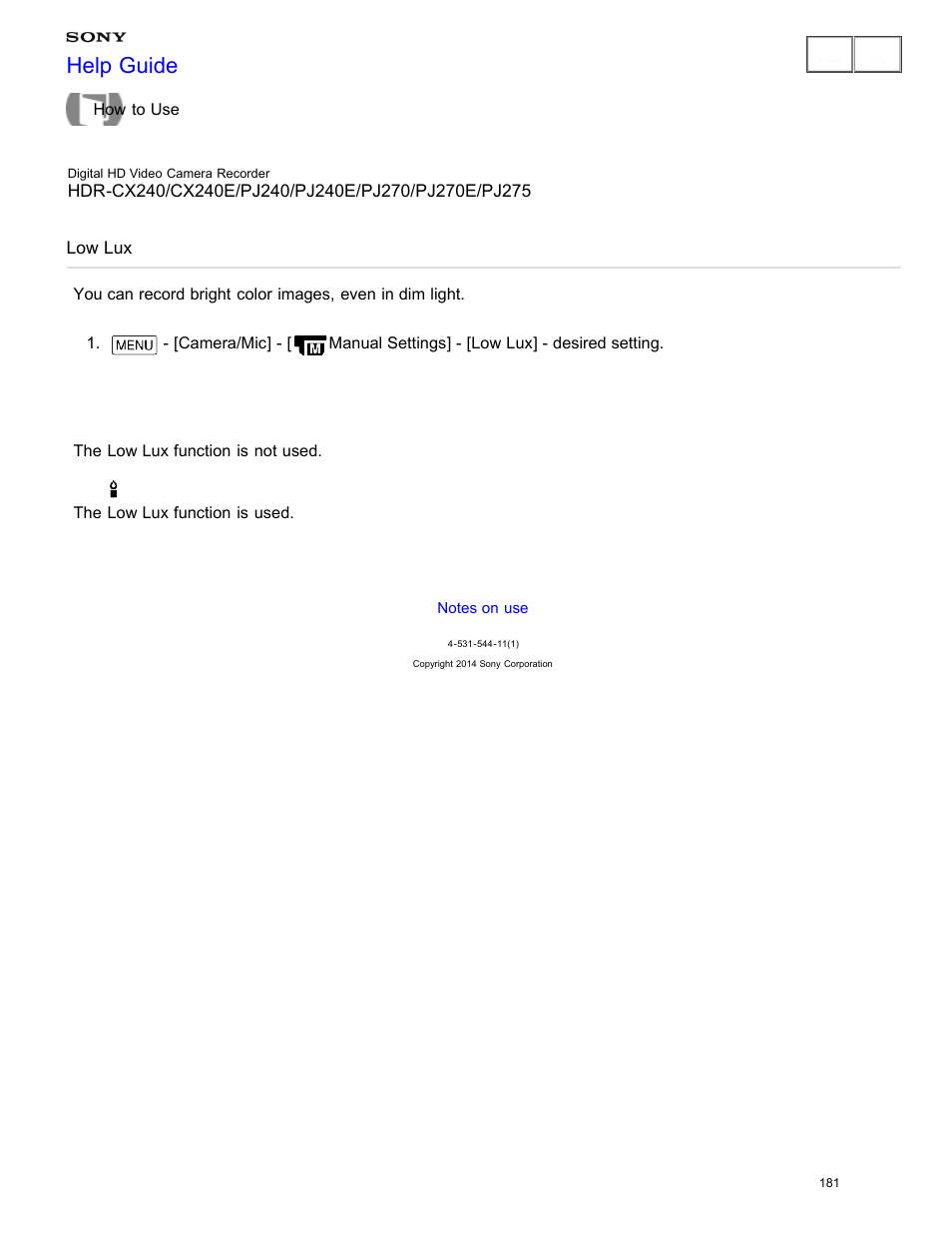 Low lux, Help guide | Sony HDR-CX240 User Manual | Page 191 / 351