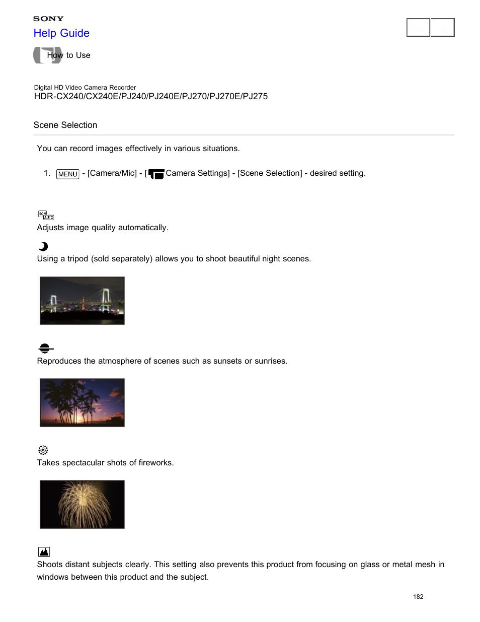 Scene selection, Help guide | Sony HDR-CX240 User Manual | Page 192 / 351