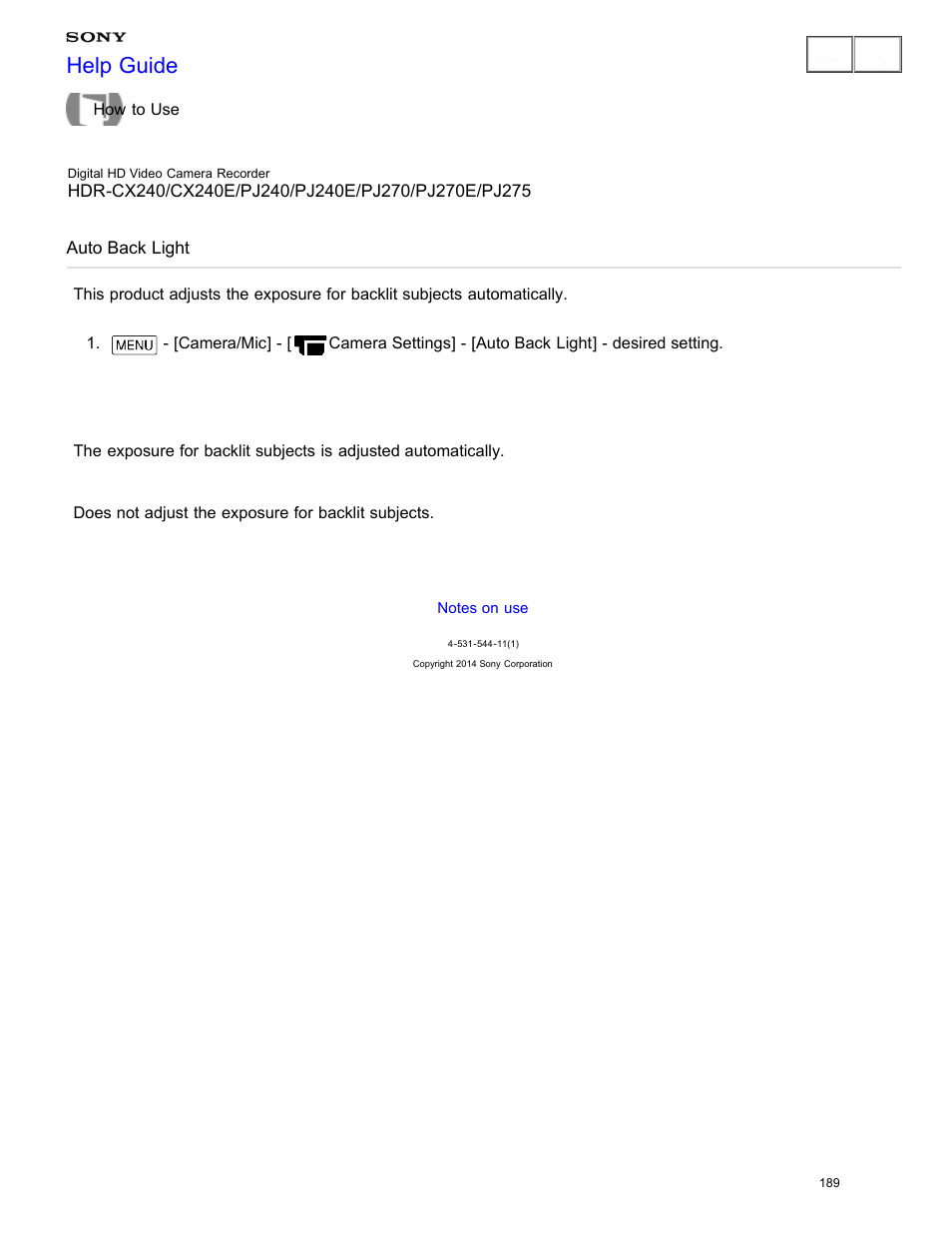 Auto back light, Help guide | Sony HDR-CX240 User Manual | Page 199 / 351
