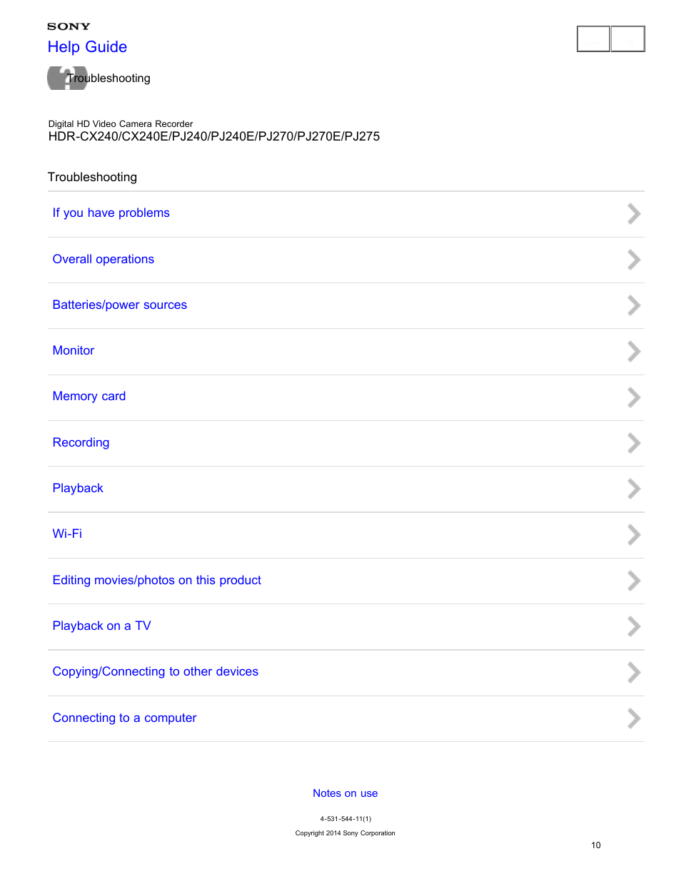 Troubleshooting, Help guide | Sony HDR-CX240 User Manual | Page 20 / 351