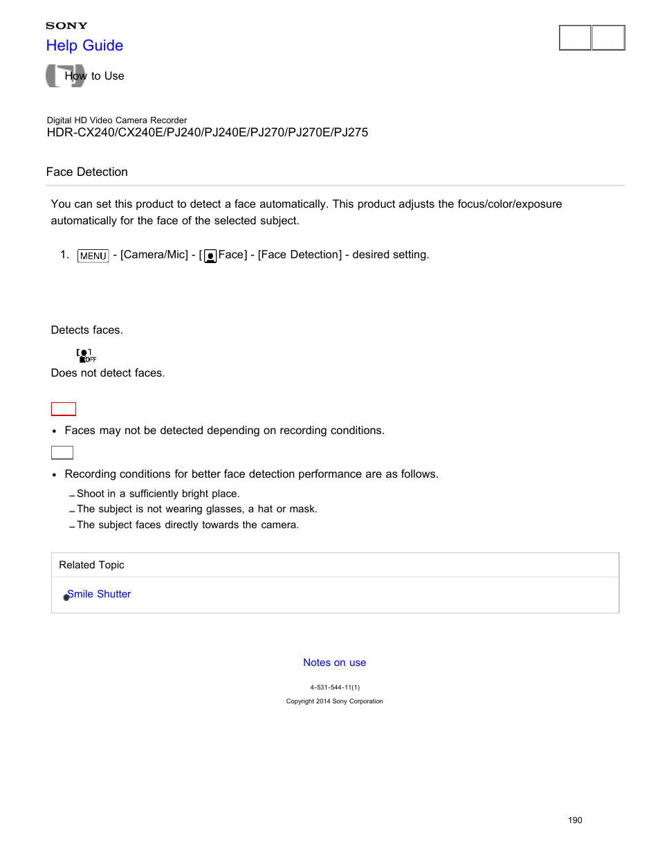 Face detection, Help guide | Sony HDR-CX240 User Manual | Page 200 / 351