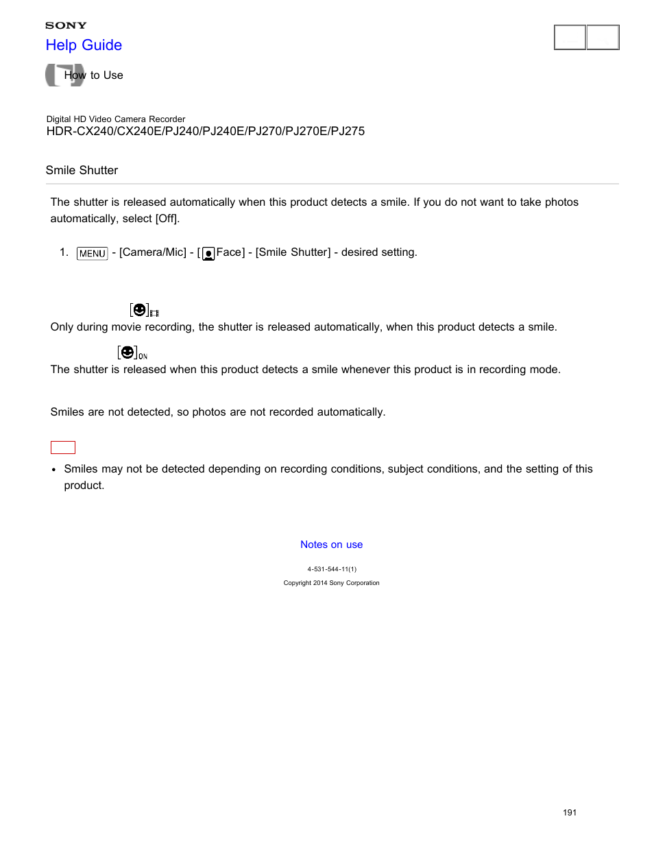 Smile shutter, Help guide | Sony HDR-CX240 User Manual | Page 201 / 351