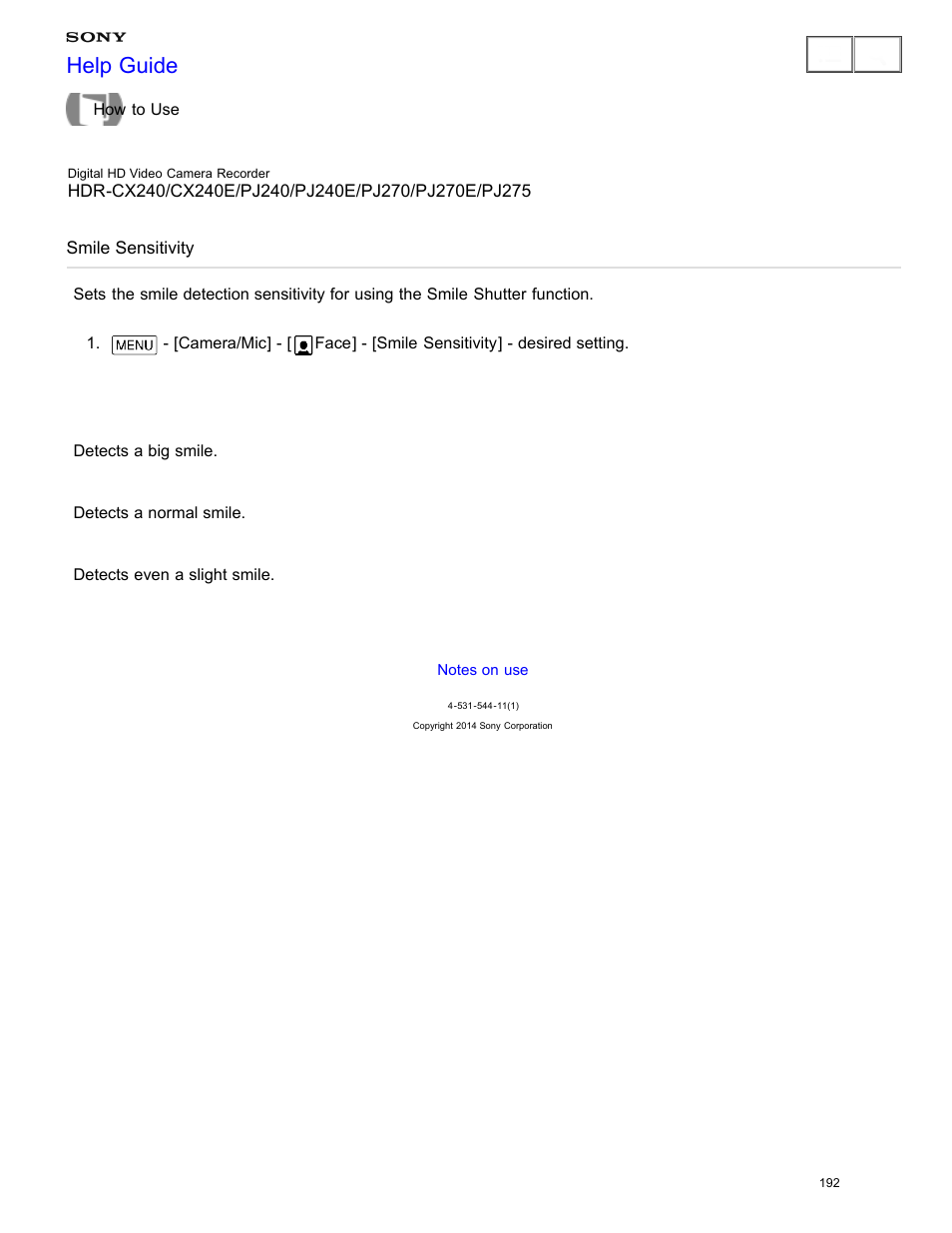 Smile sensitivity, Help guide | Sony HDR-CX240 User Manual | Page 202 / 351