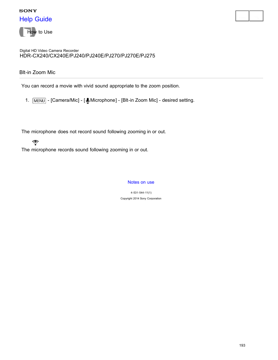 Blt-in zoom mic, Help guide | Sony HDR-CX240 User Manual | Page 203 / 351