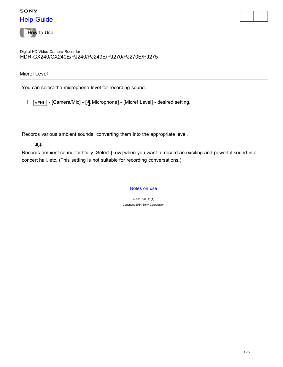 Micref level, Help guide | Sony HDR-CX240 User Manual | Page 205 / 351