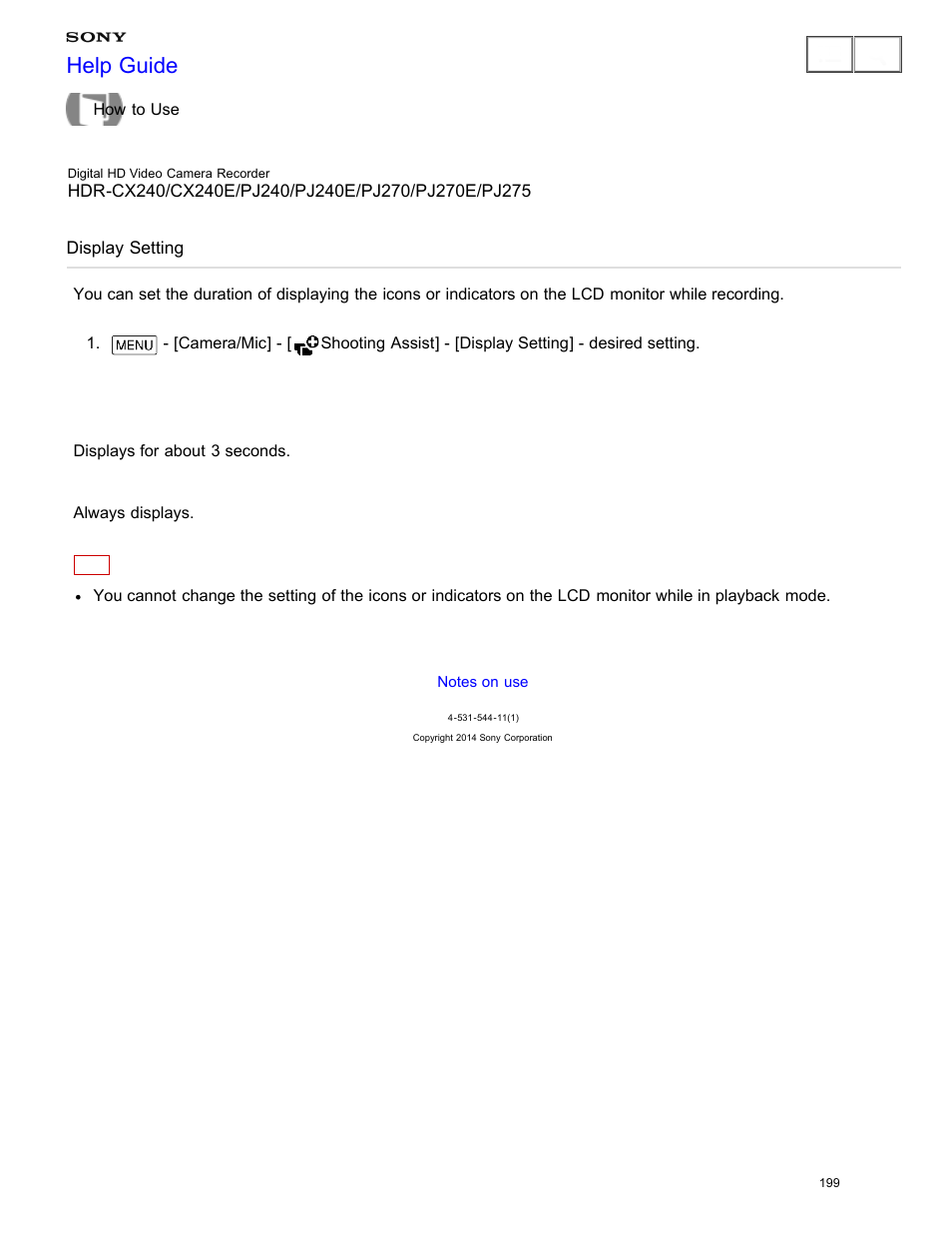 Display setting, Help guide | Sony HDR-CX240 User Manual | Page 209 / 351