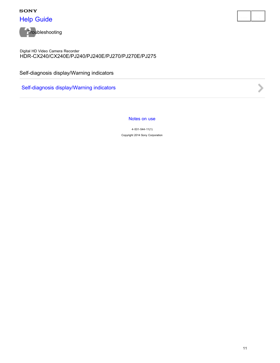 Self-diagnosis display/warning indicators, Help guide | Sony HDR-CX240 User Manual | Page 21 / 351