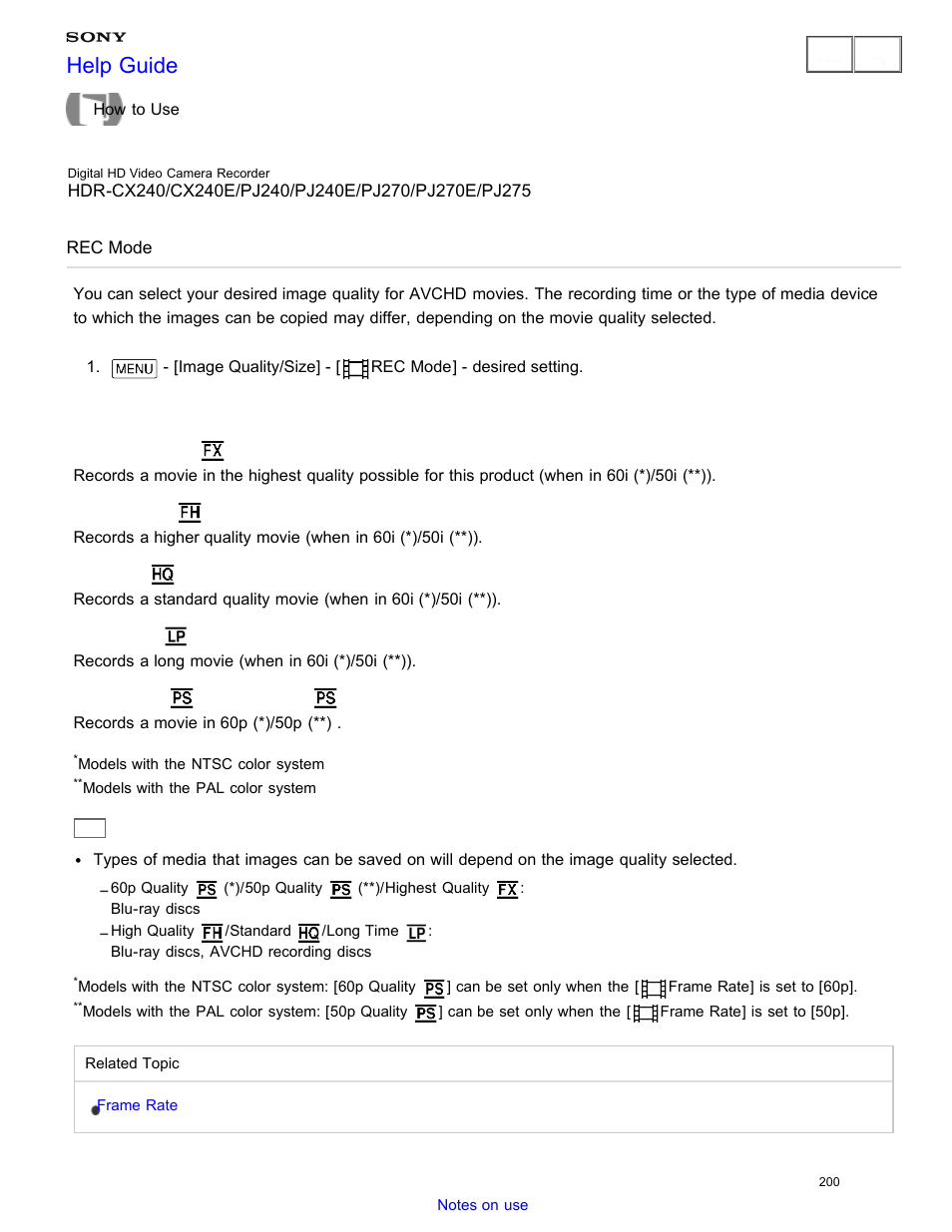 Rec mode, Help guide | Sony HDR-CX240 User Manual | Page 210 / 351