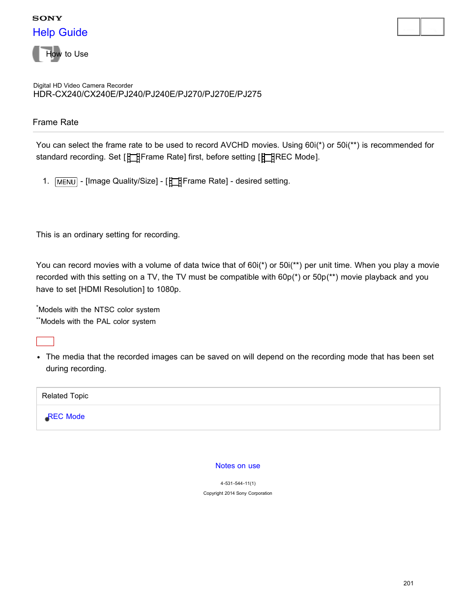 Frame rate, Help guide | Sony HDR-CX240 User Manual | Page 211 / 351