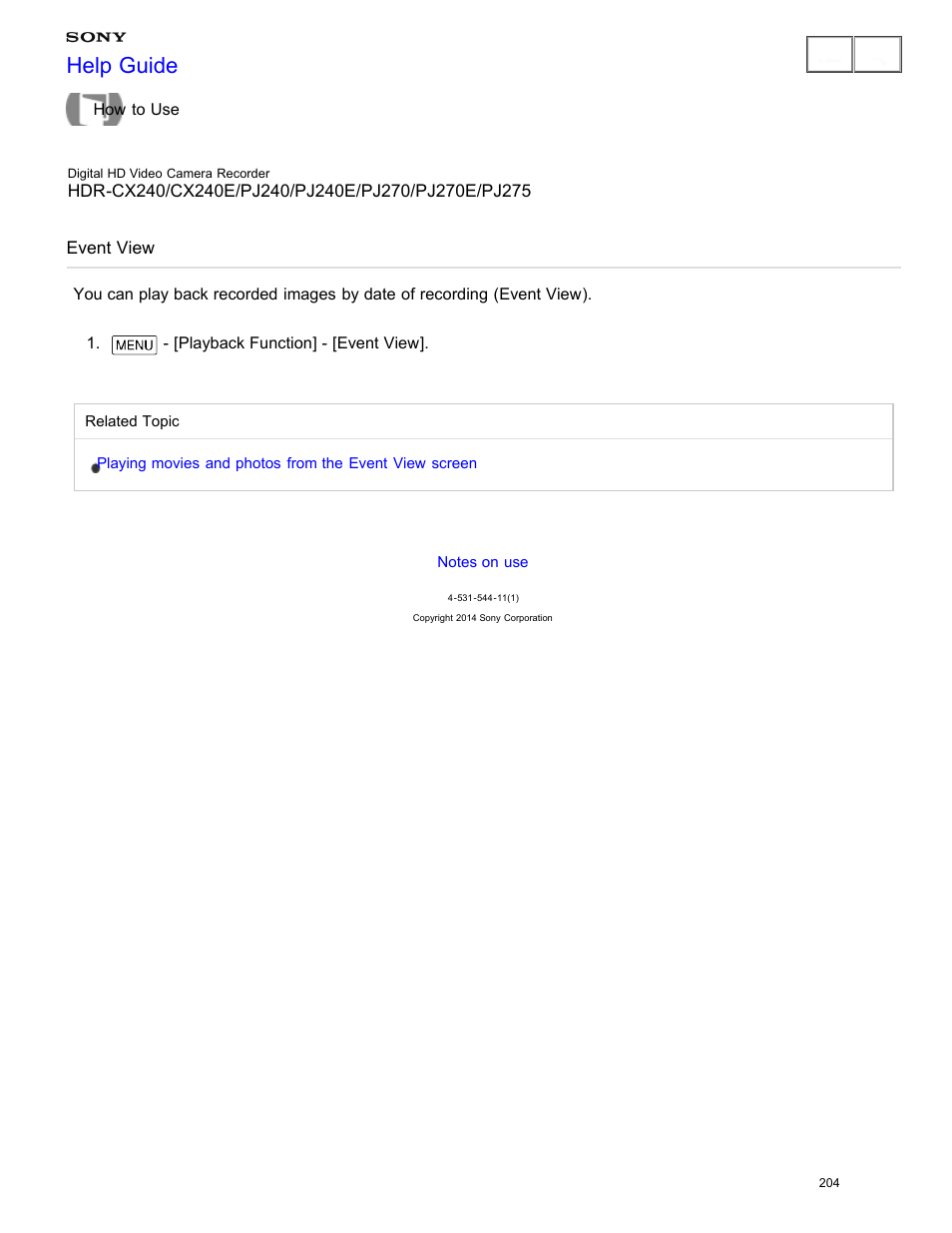 Event view, Help guide | Sony HDR-CX240 User Manual | Page 214 / 351