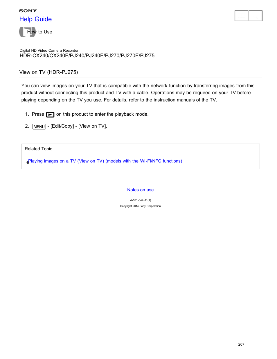 View on tv (hdr-pj275), Help guide | Sony HDR-CX240 User Manual | Page 217 / 351