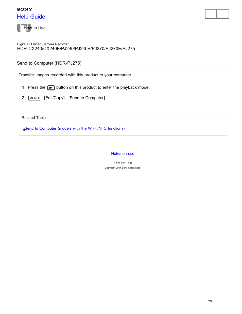 Send to computer (hdr-pj275), Help guide | Sony HDR-CX240 User Manual | Page 218 / 351