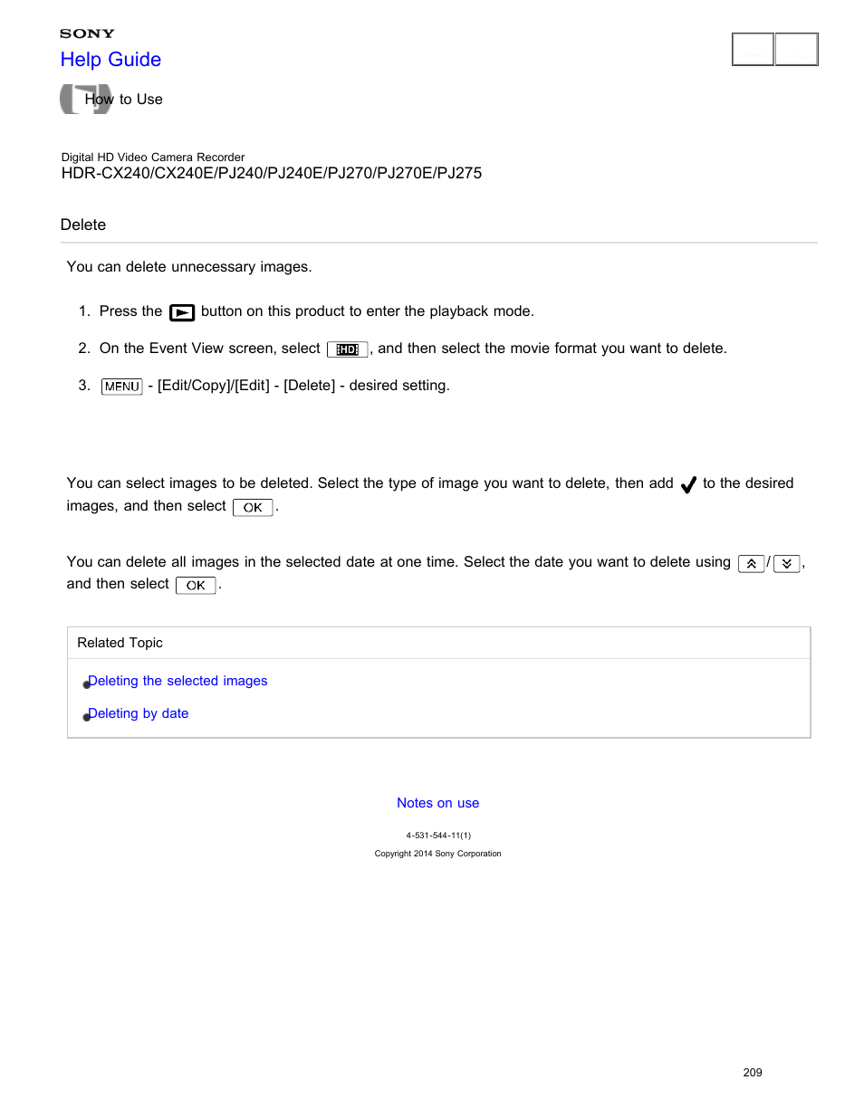 Delete, You can delete unnecessary images, Help guide | Sony HDR-CX240 User Manual | Page 219 / 351