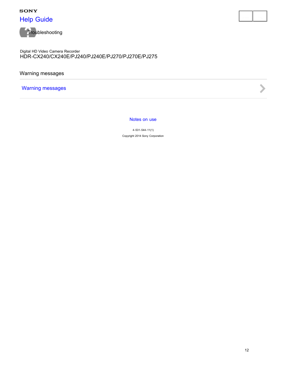 Warning messages, Help guide | Sony HDR-CX240 User Manual | Page 22 / 351