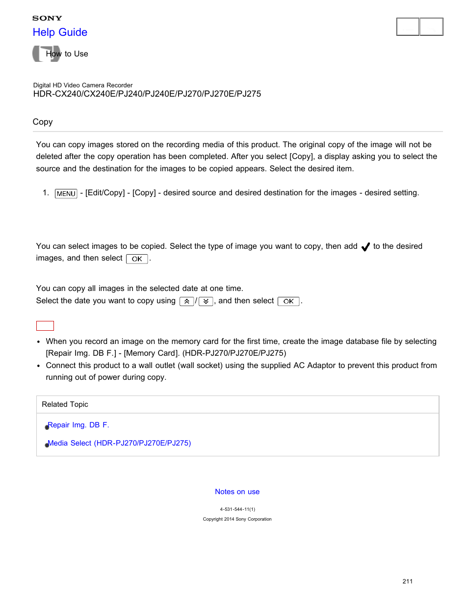Copy, Help guide | Sony HDR-CX240 User Manual | Page 221 / 351