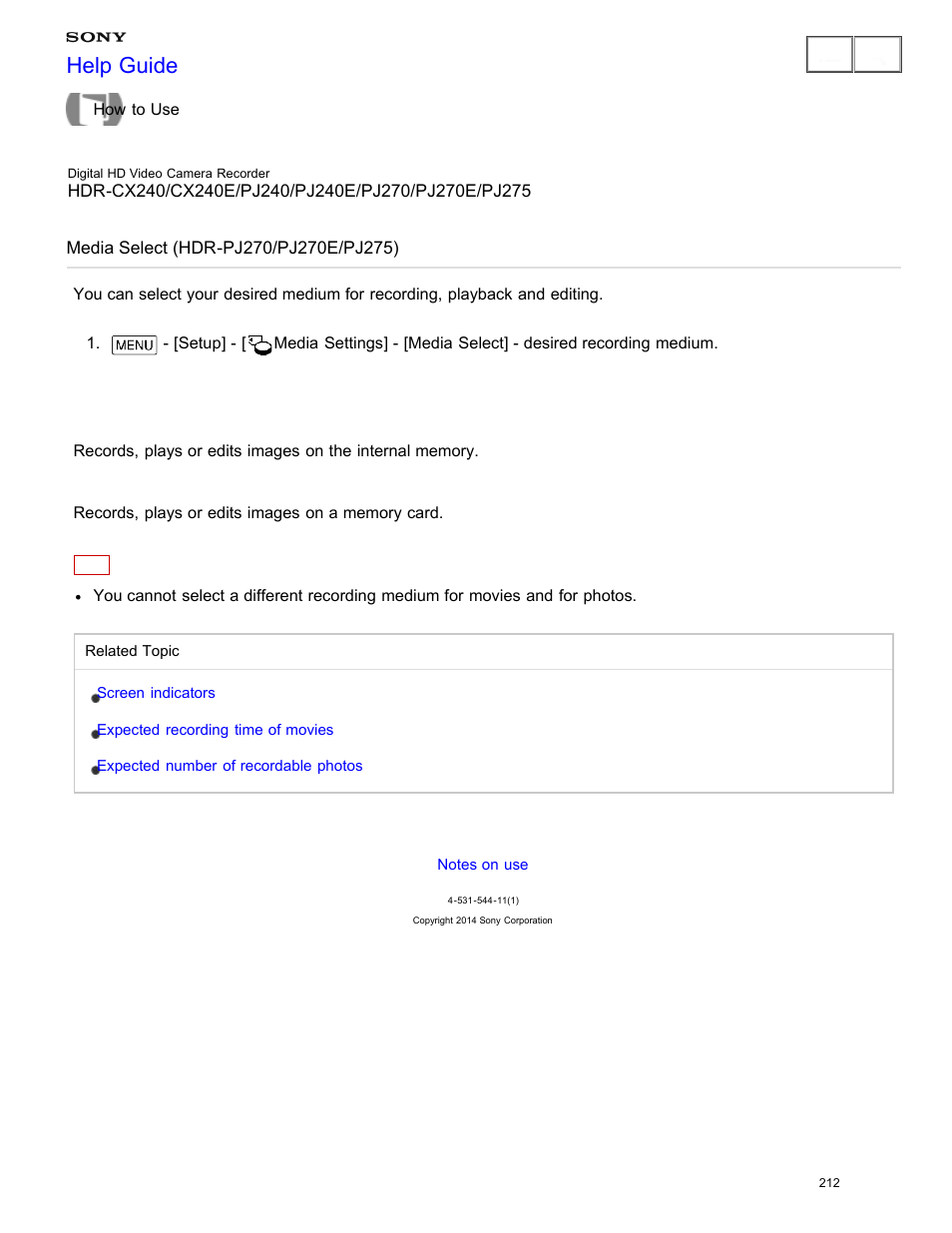 Media select (hdr-pj270/pj270e/pj275), Help guide | Sony HDR-CX240 User Manual | Page 222 / 351