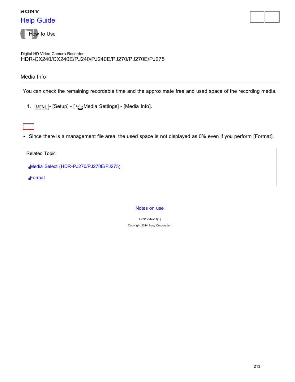 Media info, Help guide | Sony HDR-CX240 User Manual | Page 223 / 351