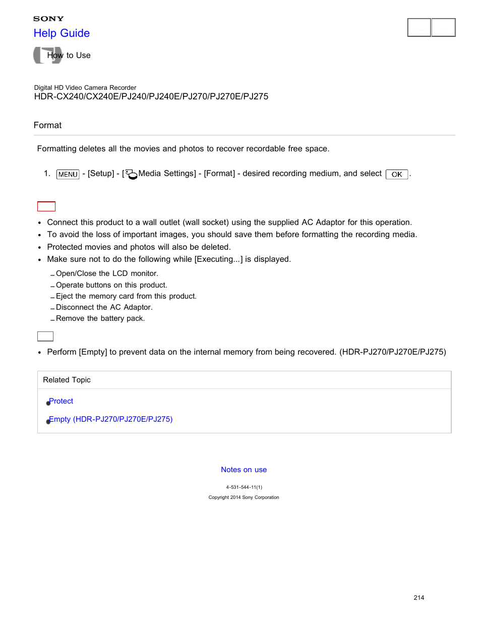 Format, Help guide | Sony HDR-CX240 User Manual | Page 224 / 351