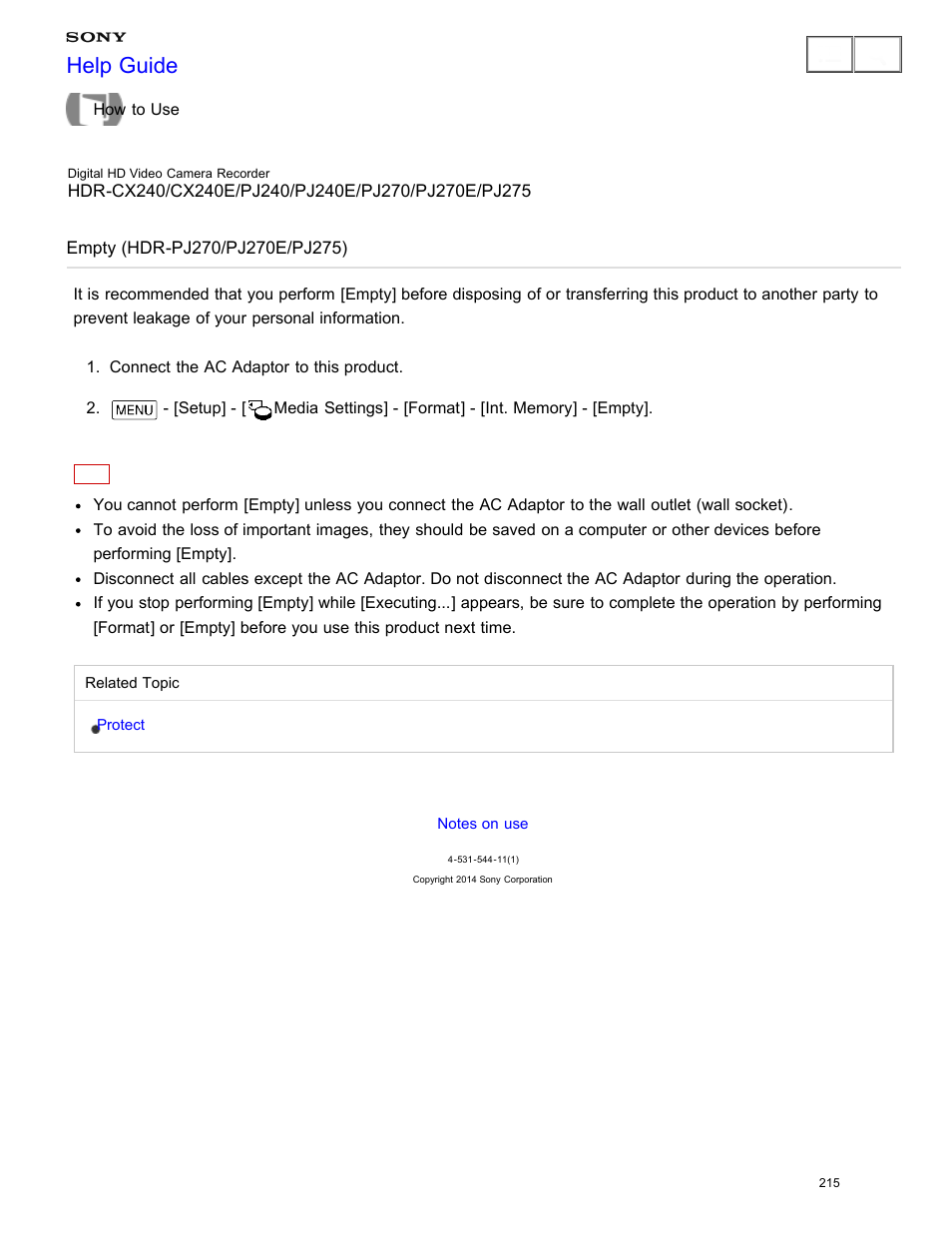 Empty (hdr-pj270/pj270e/pj275), Help guide | Sony HDR-CX240 User Manual | Page 225 / 351