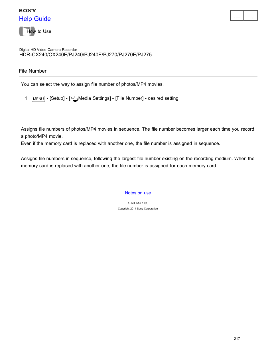 File number, Help guide | Sony HDR-CX240 User Manual | Page 227 / 351