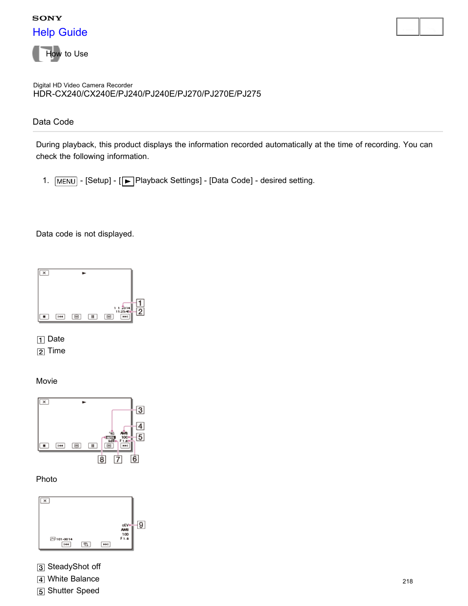 Data code, Help guide | Sony HDR-CX240 User Manual | Page 228 / 351
