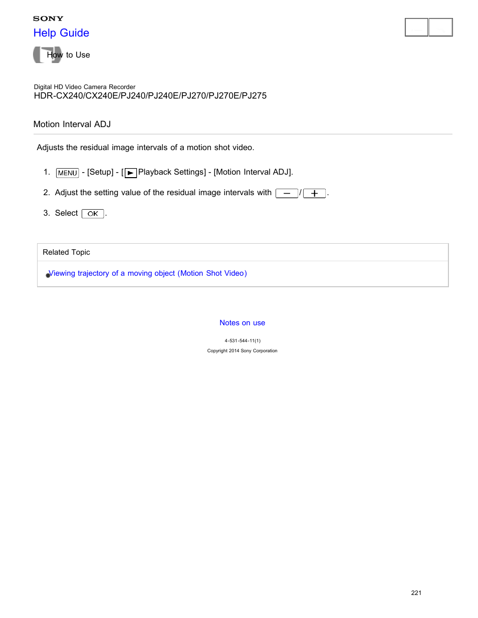 Motion interval adj, Help guide | Sony HDR-CX240 User Manual | Page 231 / 351