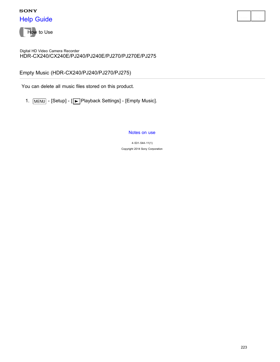 Empty music (hdr-cx240/pj240/pj270/pj275), Help guide | Sony HDR-CX240 User Manual | Page 233 / 351