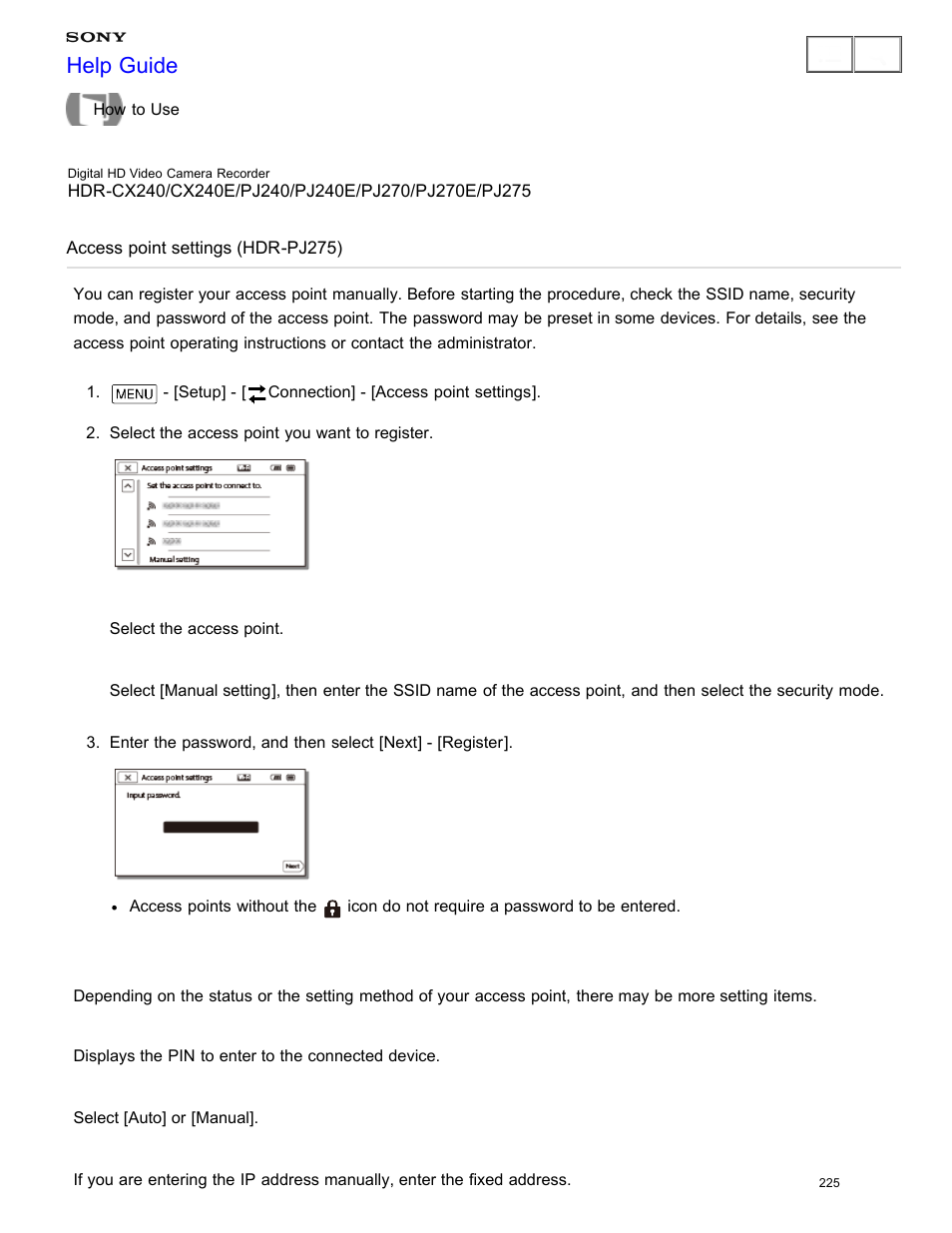 Access point settings (hdr-pj275), You can register your access point manually, Help guide | Sony HDR-CX240 User Manual | Page 235 / 351