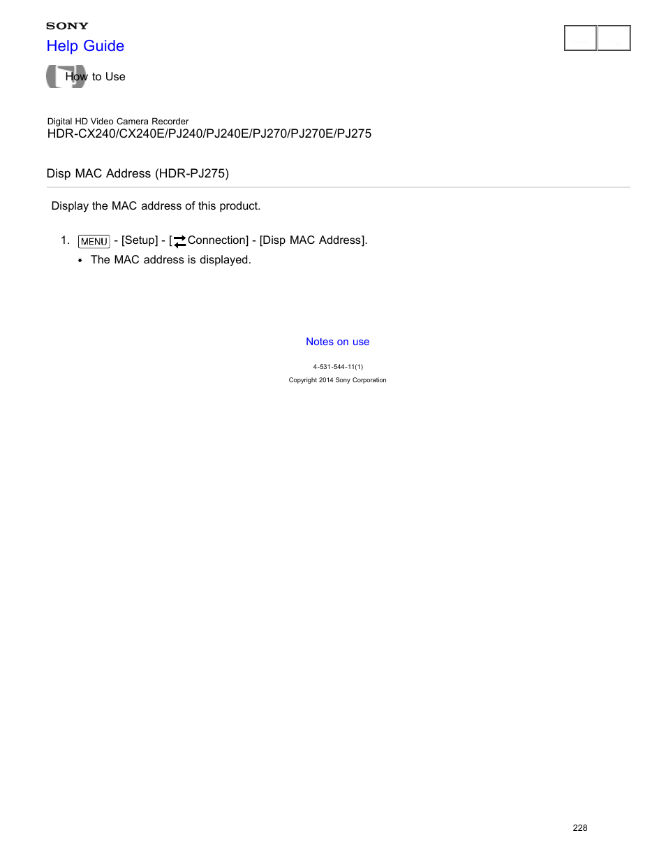 Disp mac address (hdr-pj275), Display the mac address of this product, Help guide | Sony HDR-CX240 User Manual | Page 238 / 351