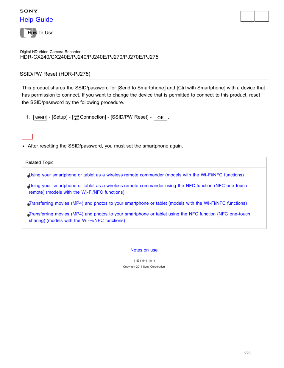 Ssid/pw reset (hdr-pj275), Help guide | Sony HDR-CX240 User Manual | Page 239 / 351