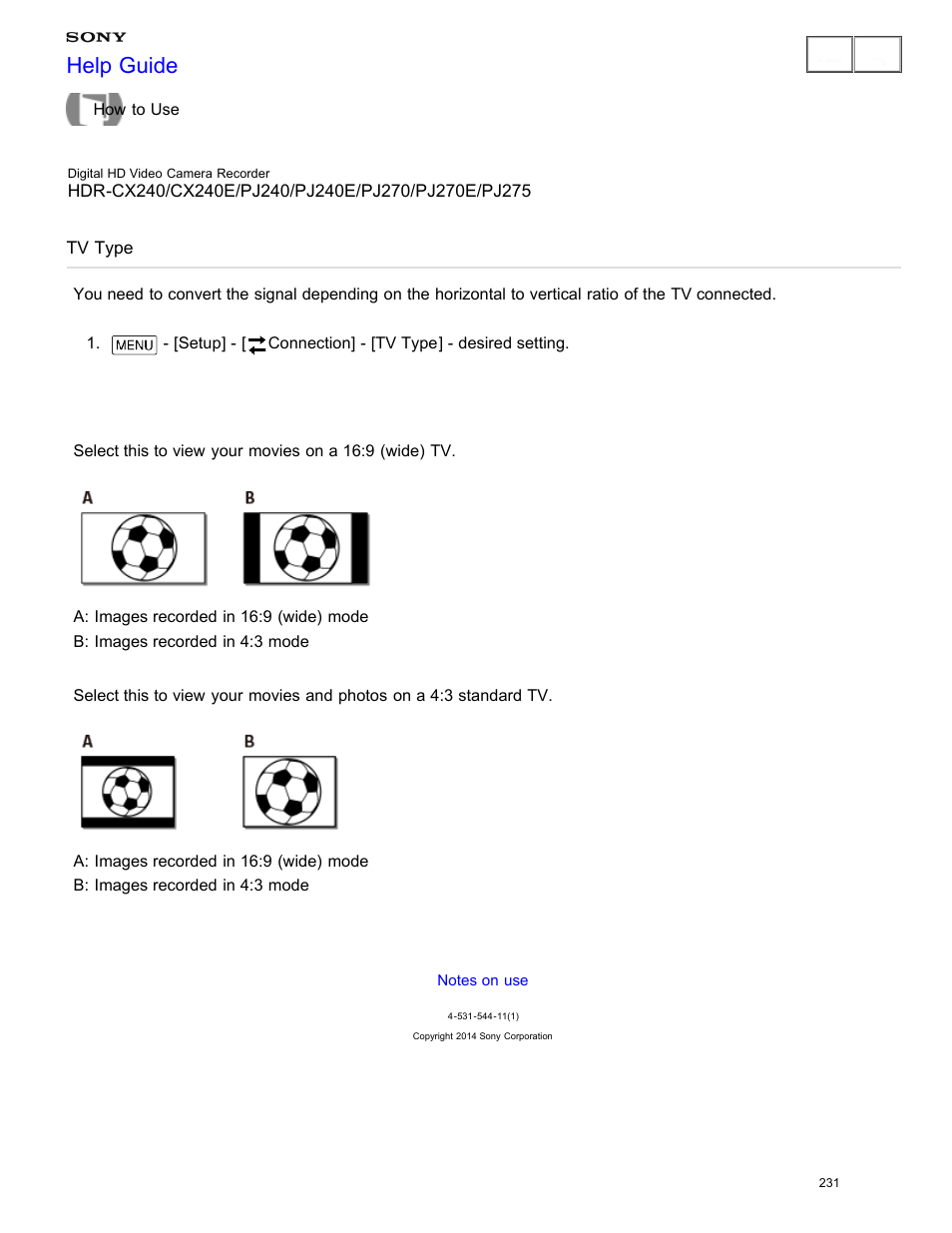 Tv type, Help guide | Sony HDR-CX240 User Manual | Page 241 / 351